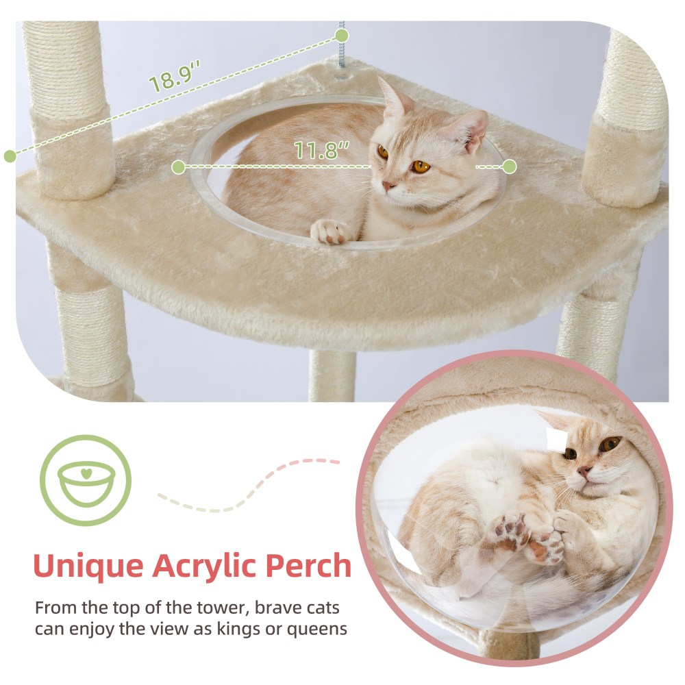 Demi Bonn Floor to Ceiling Cat Tree for Indoor 92"-101" Height Adjustable Cat Tower, Kitty Climbing Play House with Cozy Cat Condo, Perches and Hammock, Beige - Image 6