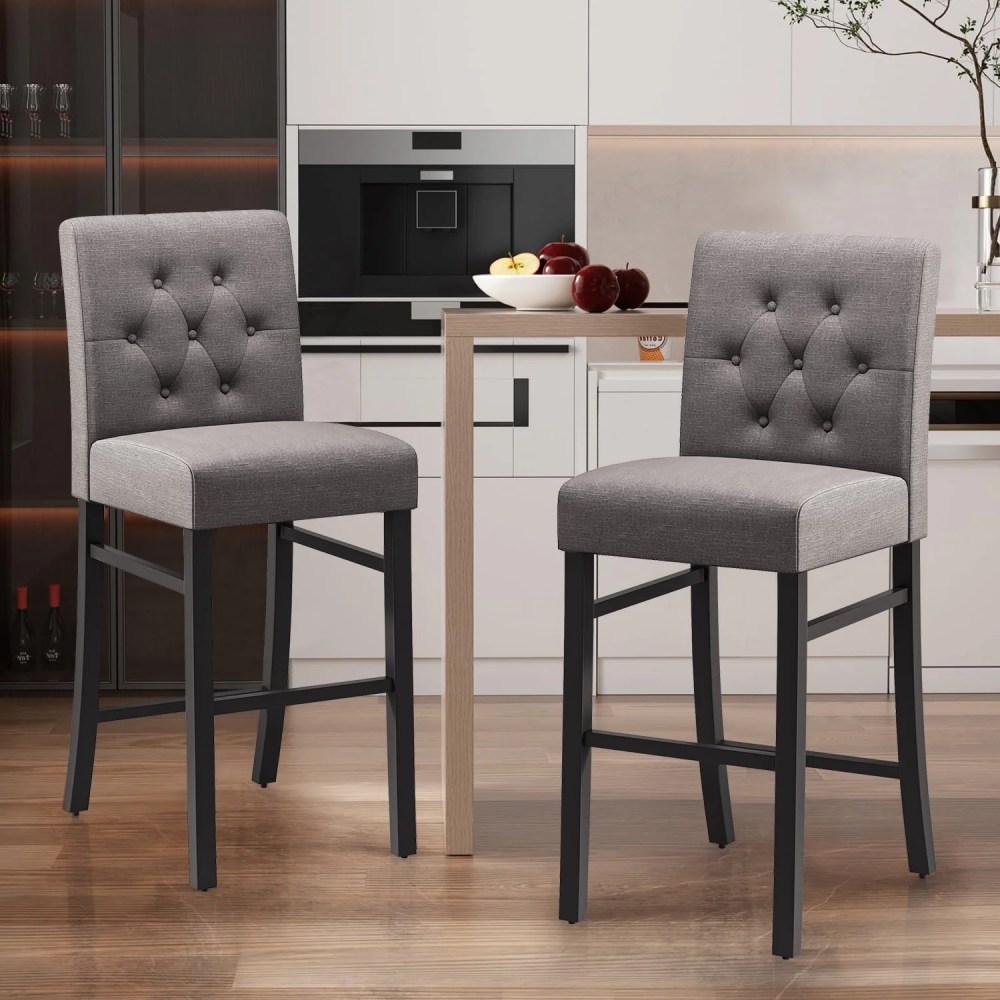 30" Counter Height Bar Stools set of 2 with Back Fabric Modern Bar Chairs Barstools with Seat Height Upholstered Button Tufted Wooden Island Stools for Kitchen Counter Home Bar Dining Room (Gray)