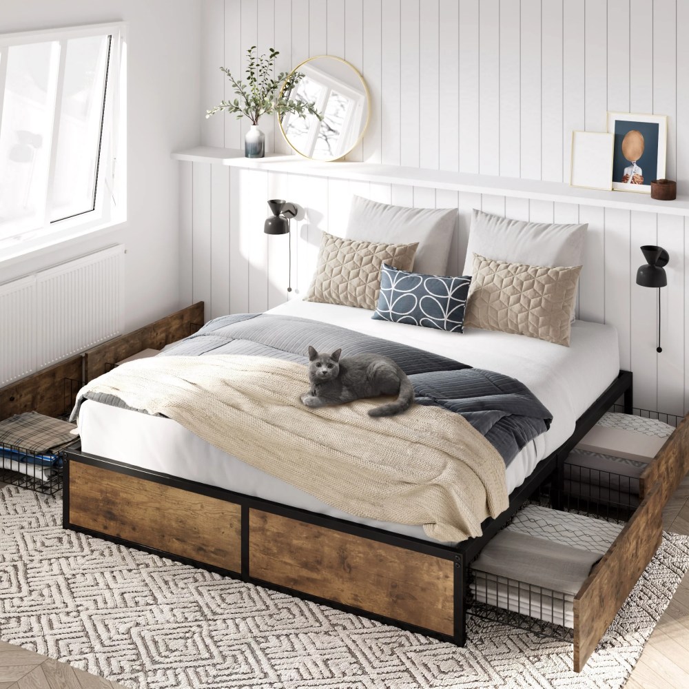 Allewie Queen Size Heavy Duty Metal Platform Bed Frame with 4 Large Storage Drawers,Strong Metal Slats,Brown