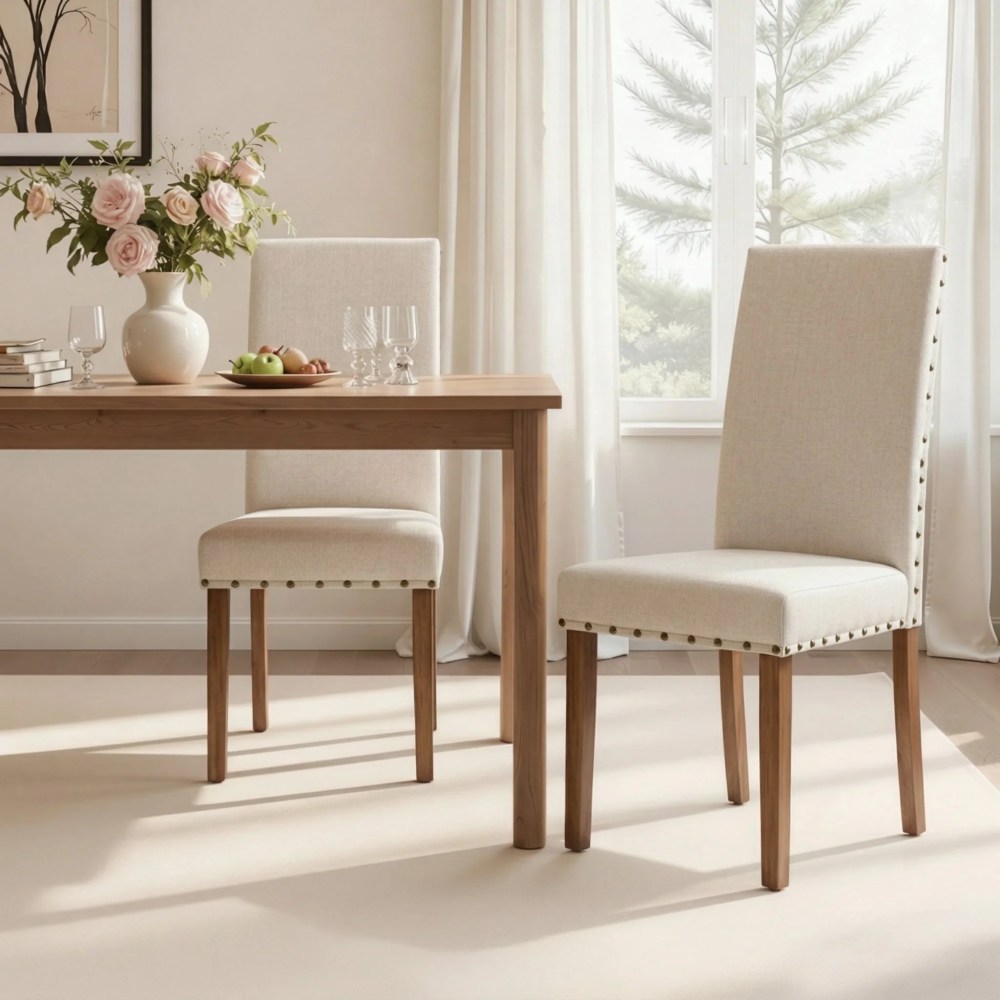 Snugway Handcraft Linen Solid Wood Parson Chair, Dining Chair, Set of 2, Beige