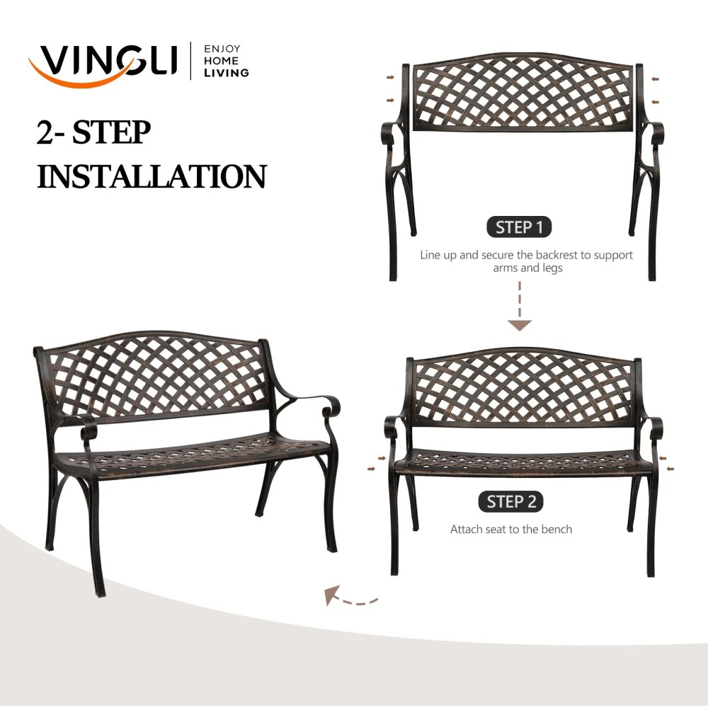 VINGLI 40.5" Patio Garden Bench, Anti- Rust Cast Iron Cast Aluminum Frame for Outdoor Path Yard Lawn Work Entryway Decor Deck,Bronze - Image 3