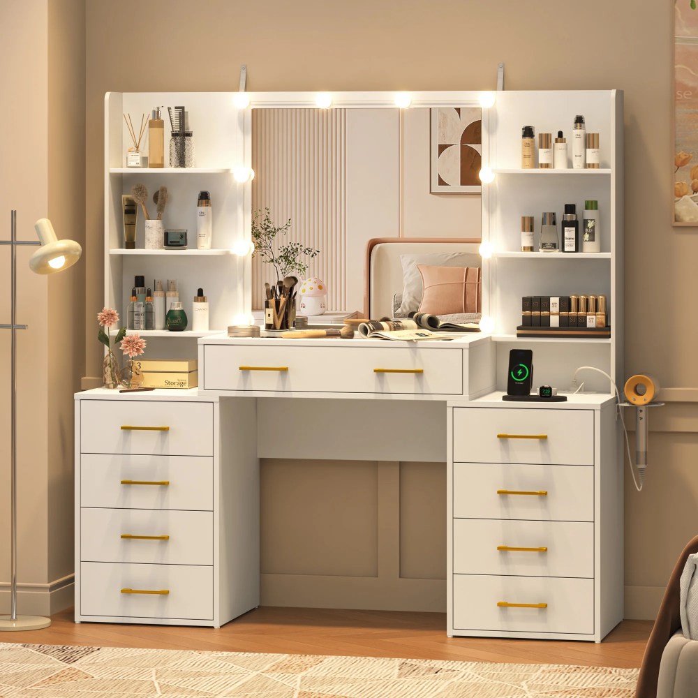 White Vanity Desk with Mirror & LED Lights,Glass Top Vanity Desk with Charging Station & Compartment Storage Drawers,55" Large Makeup Vanity Table with 9 Drawers & 6 Shelves