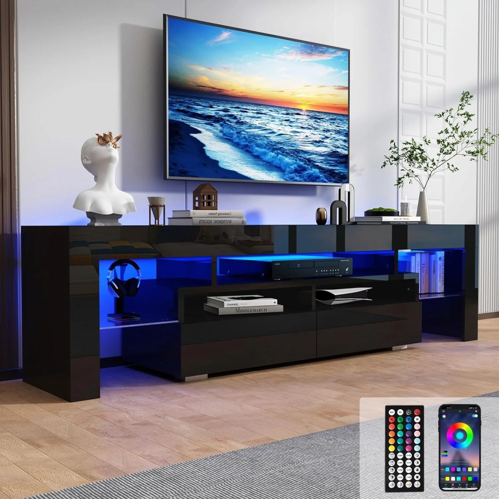 ChVans LED TV Stand for 65/75/85 inch TV,High Glossy Modern Entertainment Center with Drawer and LED Lights(Black)