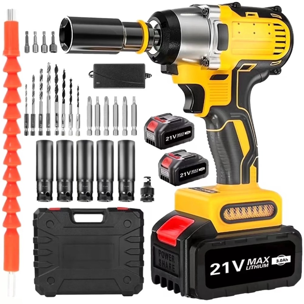 21V Cordless Impact Wrench with 2 Batteries, Brushless Motor 1/2" Impact Drill, Impact Gun Max Torque 280 ft lbs (380N.m), 30Pcs Tool Set for Home, Yellow