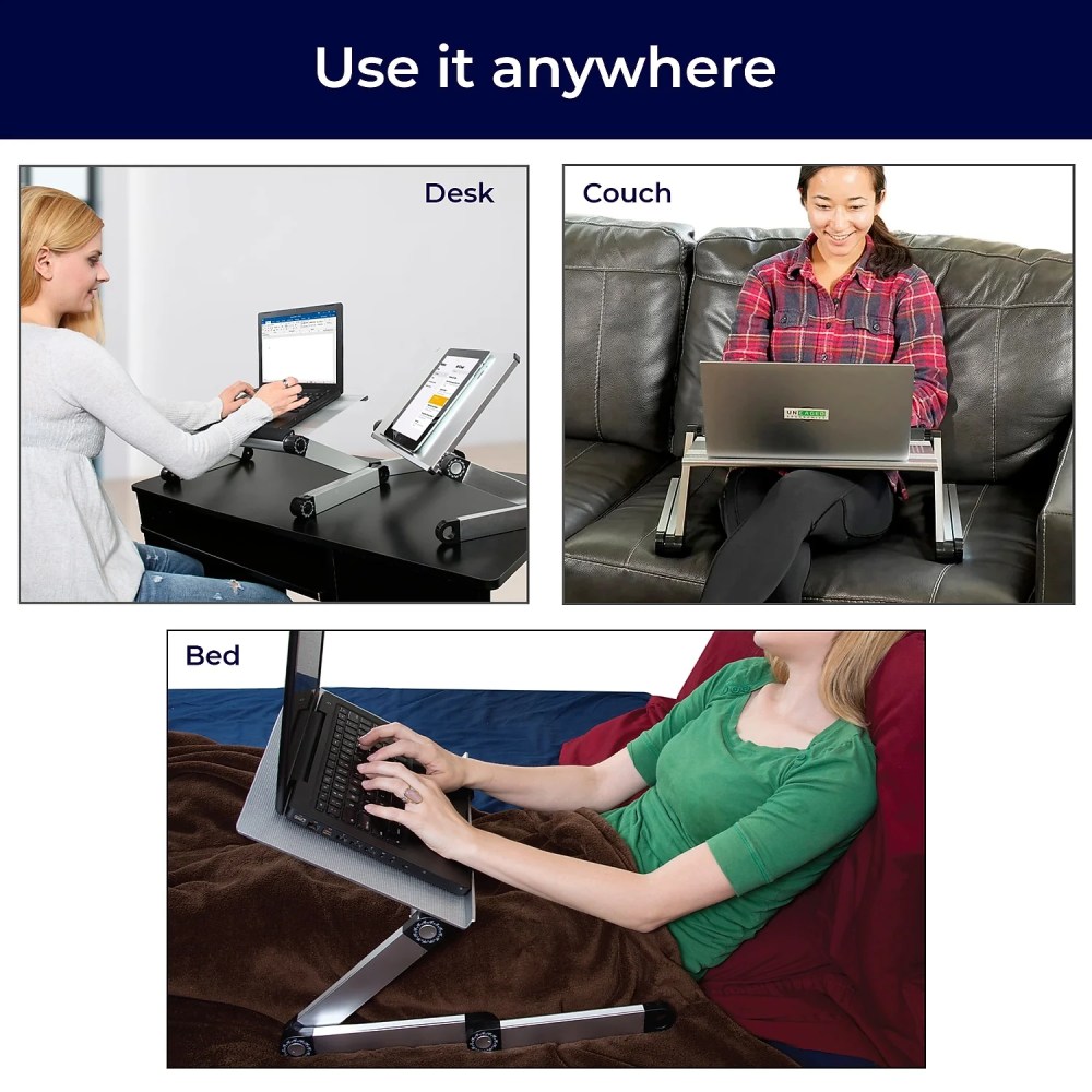 Adjustable Laptop Cooling Stand with Dual Fans & USB Ports-WorkEZ Executive Foldable Aluminum Laptop Desk for Bed, Couch & Office, Ergonomic Riser for Laptops up to 17" - Image 5