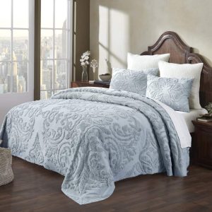 Better Trends 3 Piece Full/Double Bedspread Set 100 Cotton Tufted Floral Vineyard Pattern Soft & Luxurious Feel, Machine Washable (Blue) Rylee Collection