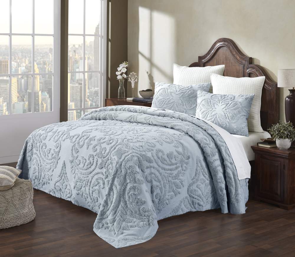 Better Trends 3 Piece Full/Double Bedspread Set 100 Cotton Tufted Floral Vineyard Pattern Soft & Luxurious Feel, Machine Washable (Blue) Rylee Collection