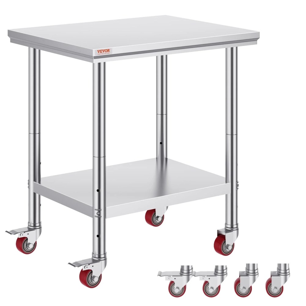 VEVOR Stainless Steel Work Table 30 x 24 x 33 Inch,700 LBS Load Capacity with 4 Wheels,3 Adjustable Height Levels,Heavy Duty Food Prep Worktable for Commercial Kitchen Restaurant,Silver