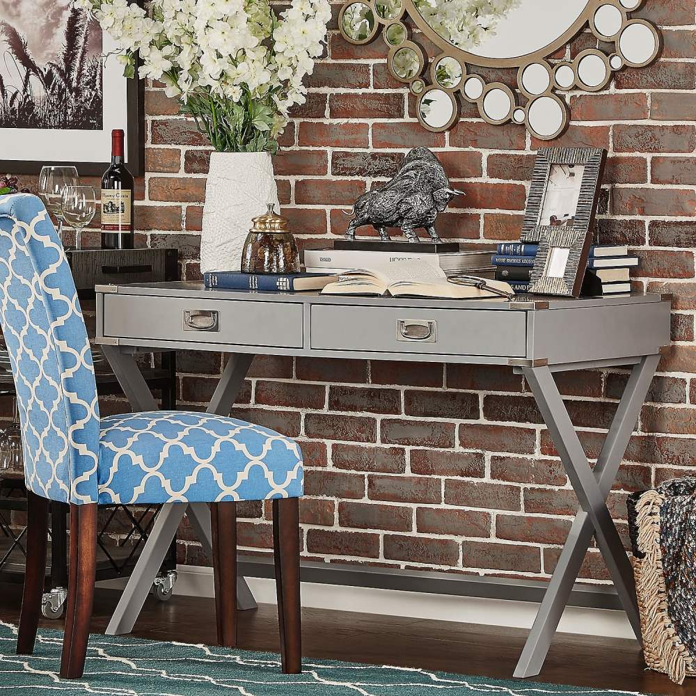Weston Home Wood X Base Campaign Writing Desk with Drawers,Frost Gray