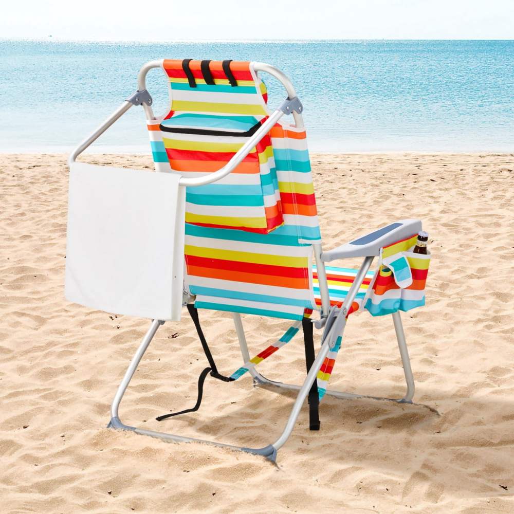 24.8x27.56x38.98in Heightened Oxford Cloth Aluminum Beach Chair (Rainbow Stripes),5-Position Adjustable Back with Lay Flat,Side Cup Holder & Back Pouch,220lbs Capacity,for Camping Picnic Sports