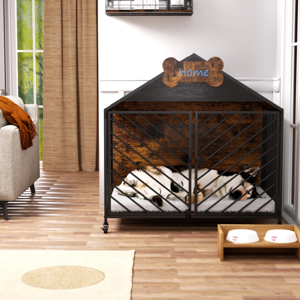 JXXRZ 32" Heavy Duty Dog Crate Furniture- Chew-Proof Double Door Indoor Kennel with Roof, Rustic Brown for Large Breeds - Image 5