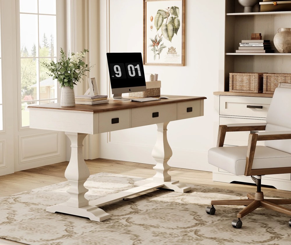 WAMPAT Farmhouse Office Desk with Charging Station - Vintage Rustic Executive Writing Table,Includes 3 Storage Drawers,Sturdy Solid Wood Legs and Ergonomic Rounded Edge for Study, Cream White - Image 2