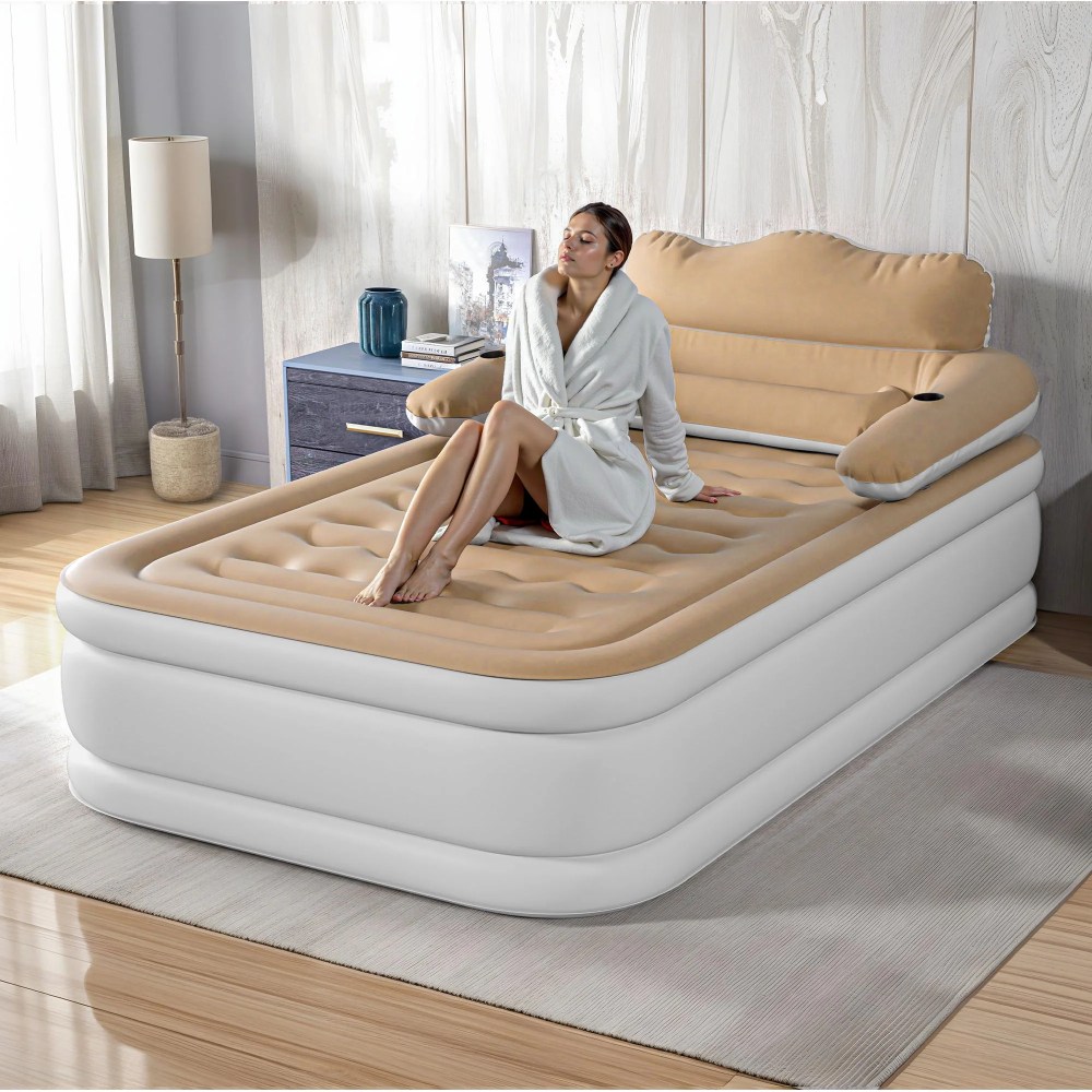 Uforic Full XL Air Mattress with Headboard & Electric Pump, Inflatable Bed for Home, Camping, Brown