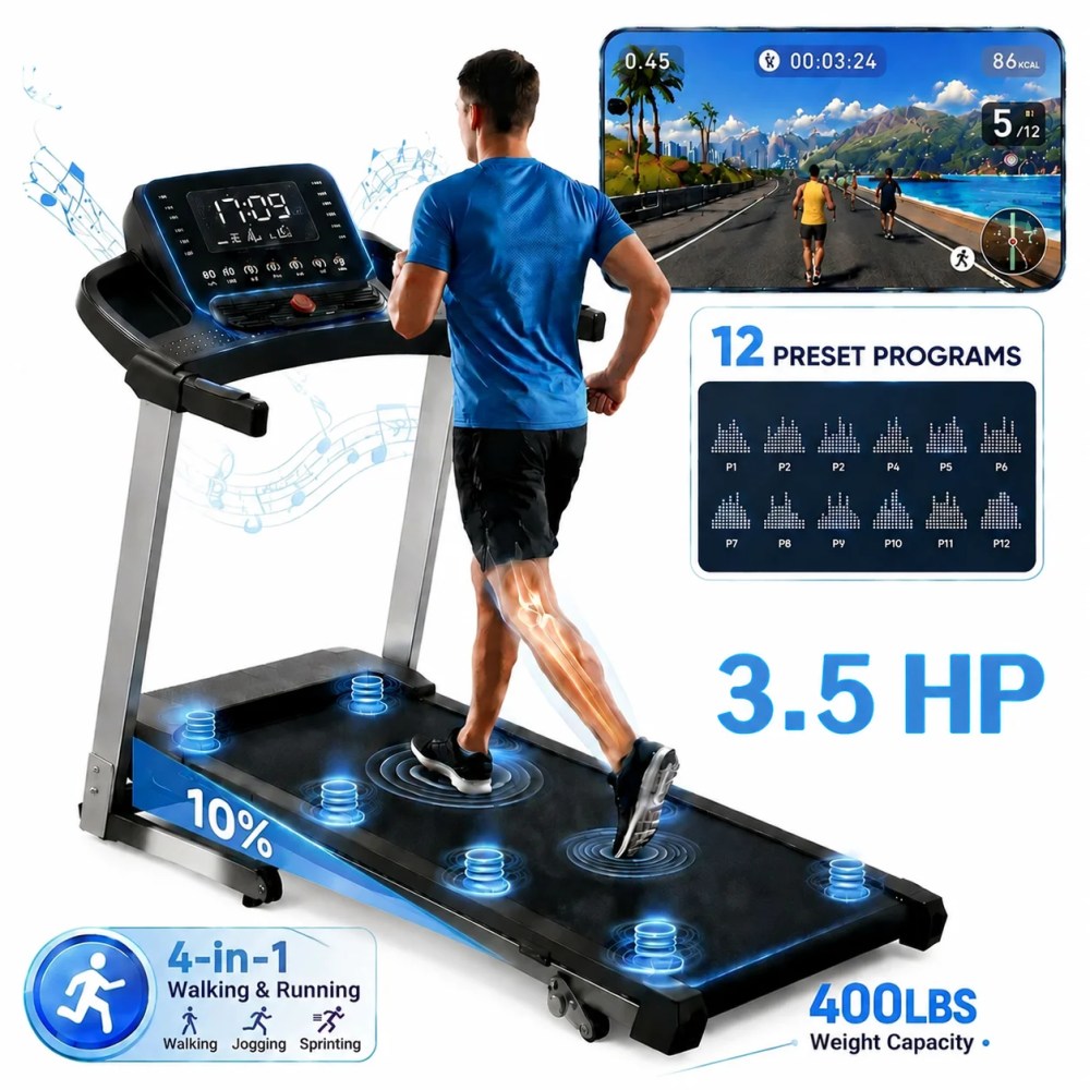 YZRUN Treadmill with Incline and Handle, Foldable Treadmill, Portable Walking Pad for Home, 350 LBS Capacity