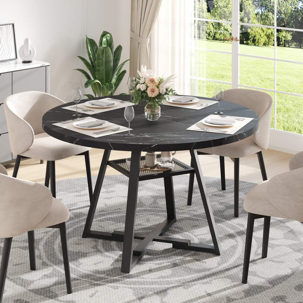 43in Round Dining Table,LEGAHOME Modern Faux Marble Kitchen Table for 4,Heavy-duty Dining Room Table with Metal Base,Black (Only Table)