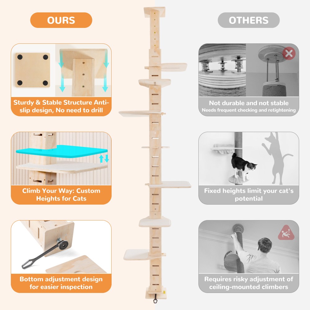 COZIWOW Floor to Ceiling Cat Tree Tower for Indoor Large Cats Tall Cat Climber with Adjustable Height (98-114 inches) 7 Tier Wood Cat Climbing Tower - Image 6