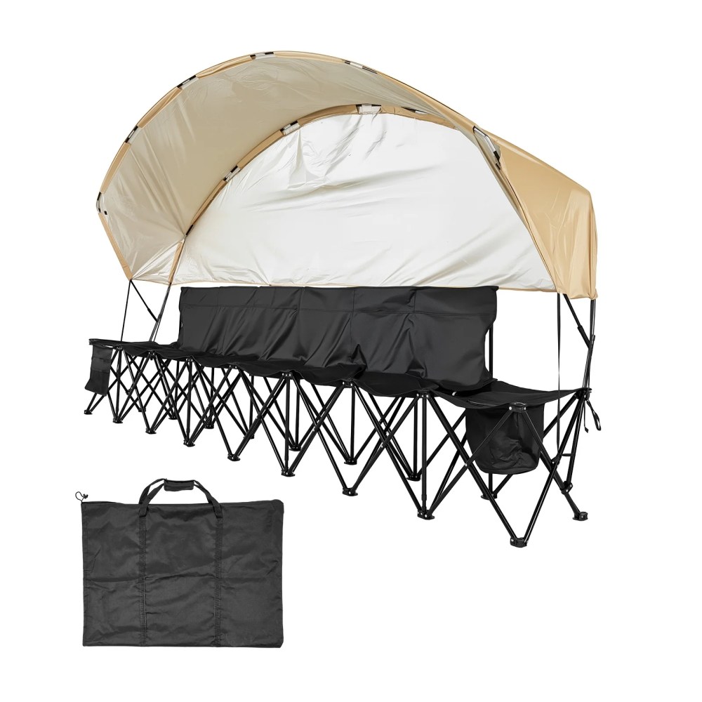 KFFKFF Portable Folding Bench, 6-Seat Sideline Seating with Storage Pockets, Cup Holders & Carrying Bag, Lightweight Design with Sunshade for Soccer, Baseball, Camping, Outdoor Activities, Blac