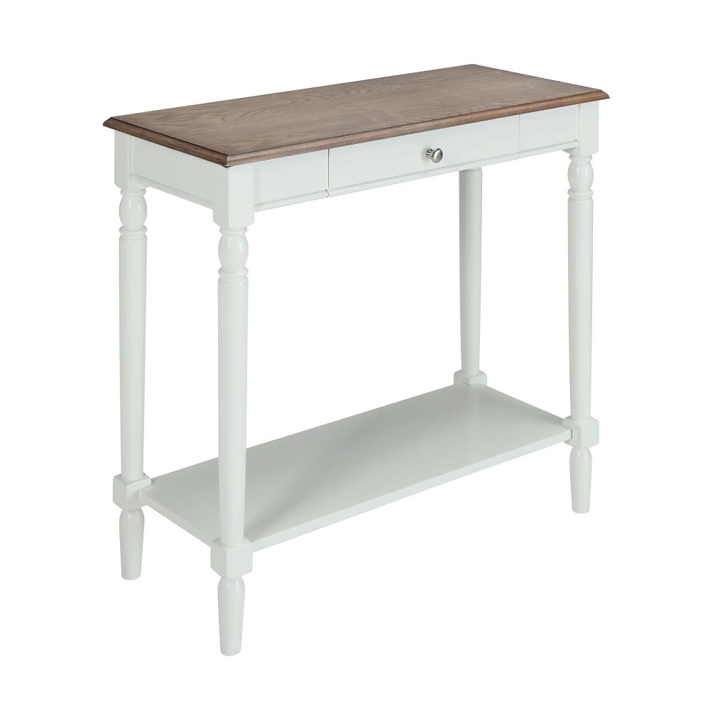 French Country Hall Table with Drawer and Shelf in Driftwood and White Wood - Image 2