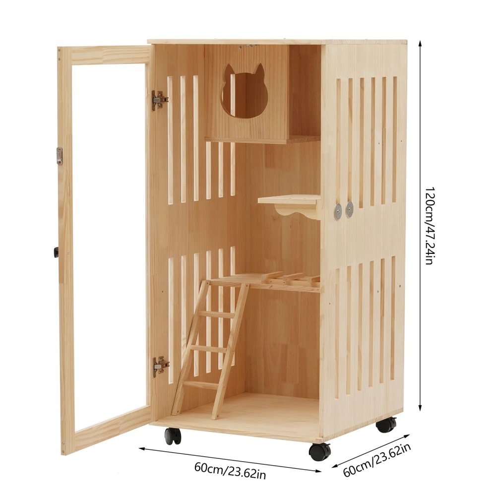 ChicHomey Large Wooden Cat House for Cats, Multi-Feature Cat Condo with Cat Scratching Posts Oversized Cat Villa on Wheels, Ventilated Design Safe Cozy Sleeping Playing Space - Image 3