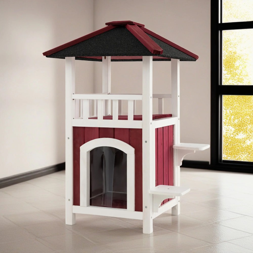 Demi Bonn 41" 2-Story Wooden Cat House with Asphalt Roof and Rain Curtain,  Outdoor Cat Shelter,  Feral Rainproof Kitty Cat Condo,  Red