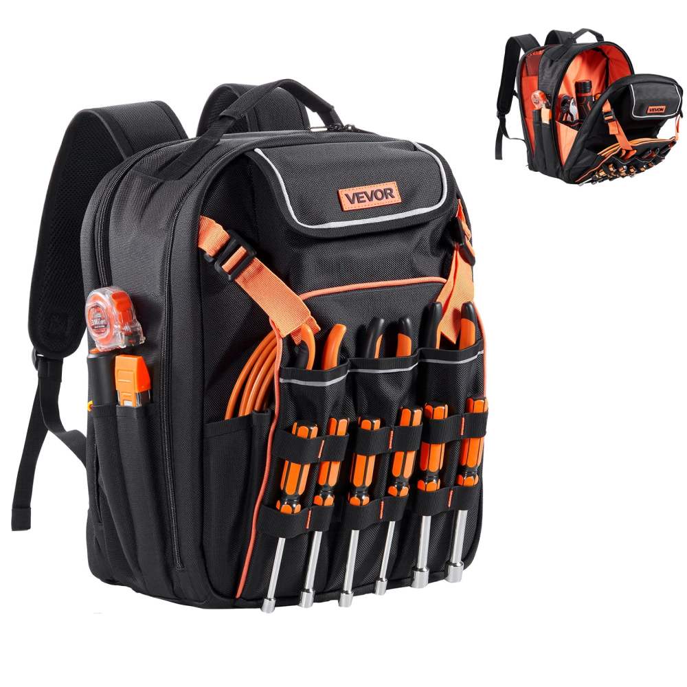 VEVOR Tool Backpack,45 Pockets,Heavy-duty Tools Storage Organizer Work Bags with Laptop Compartment & Reinforced Fabric Basee,Electrician Jobsite Backpack for Electrician,Repairman