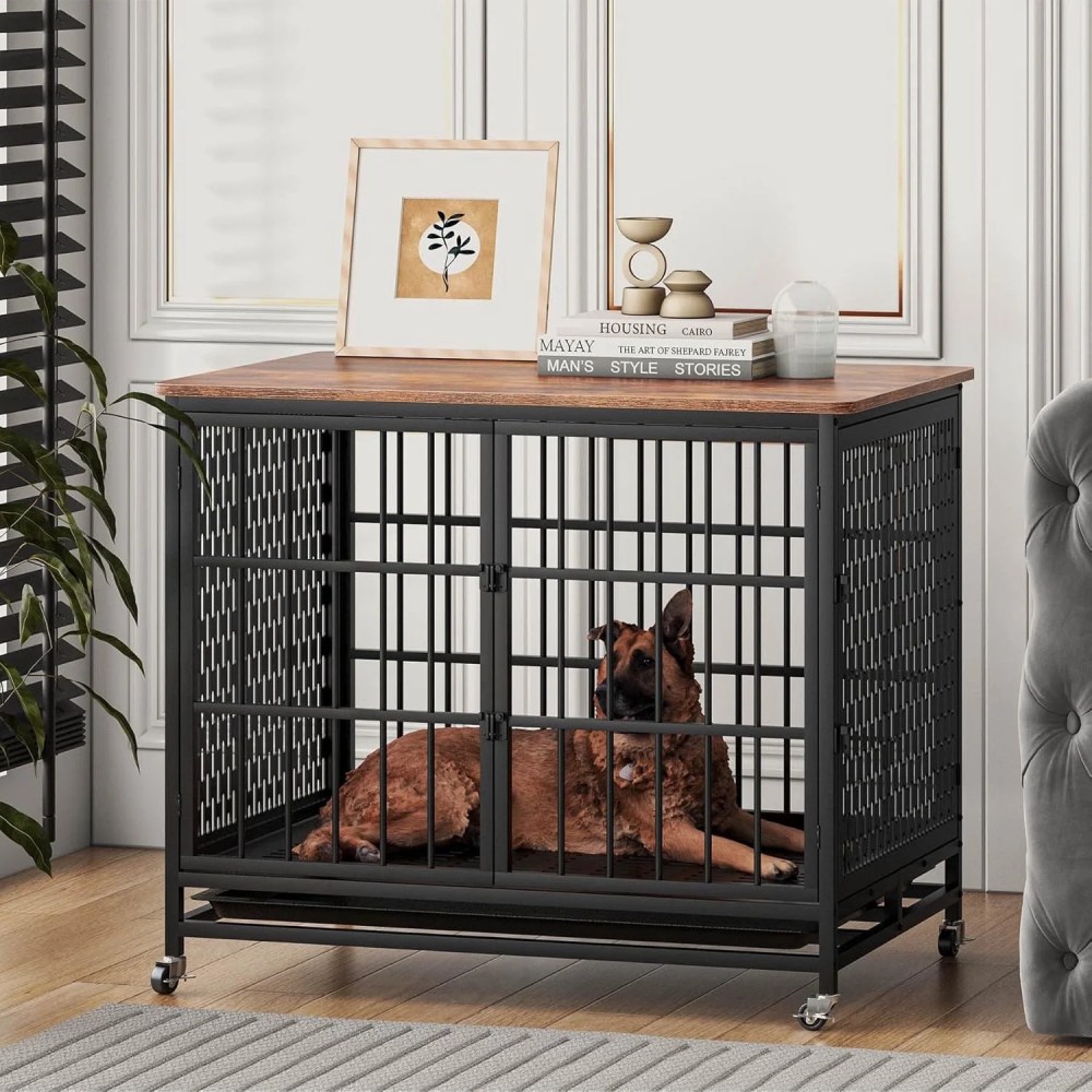 Frmobepts Dog Crate Furniture, 42" Large Wooden Indoor Dog Cage Table with Sliding & Lockable Doors for Medium Dogs, Retro