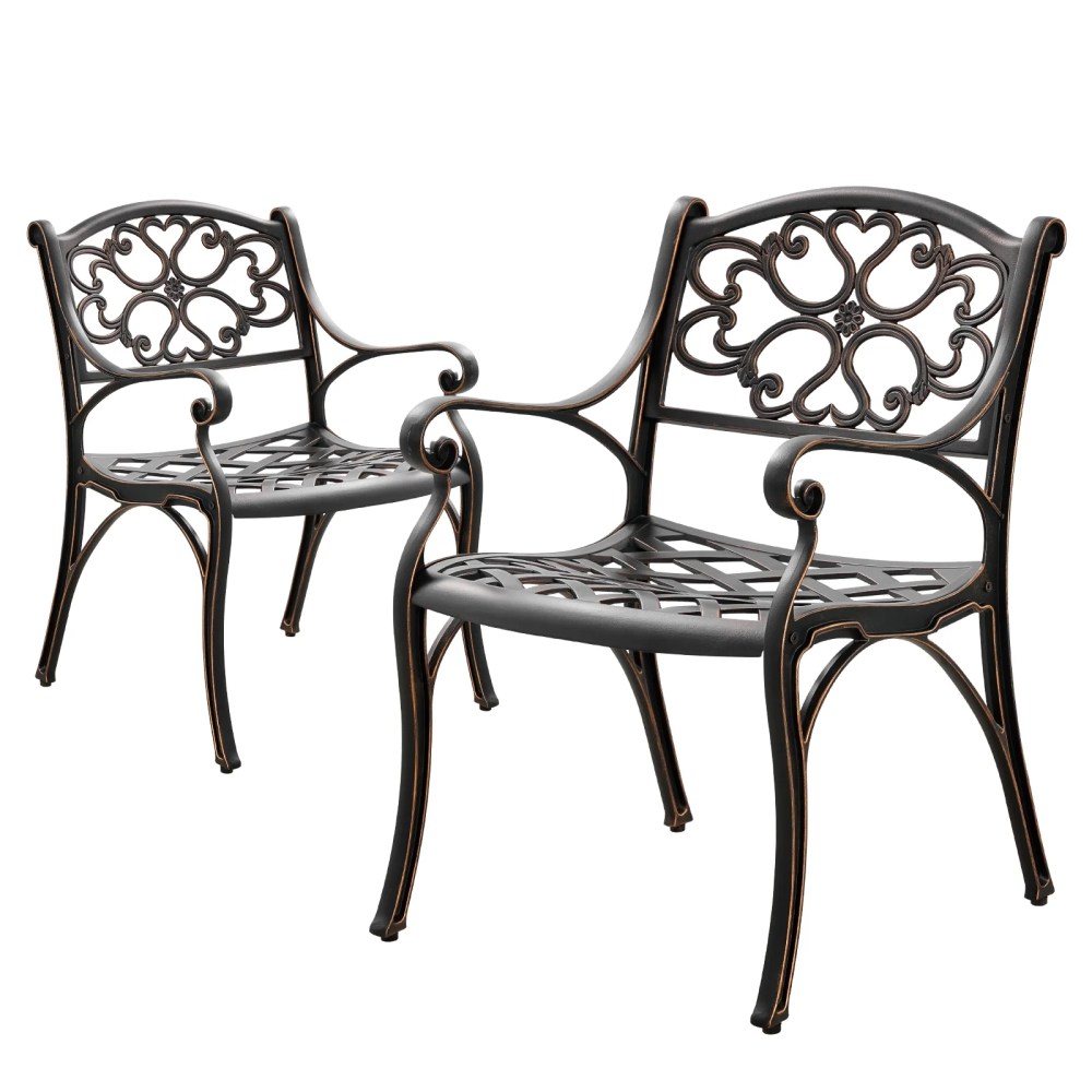 PATIO-IN Cast Aluminum Patio Chair Set of 2 with Armrests,Antique Bronze Metal Bistro Chairs,Outdoor Patio Dining Chairs for Garden,Porch,Poolside
