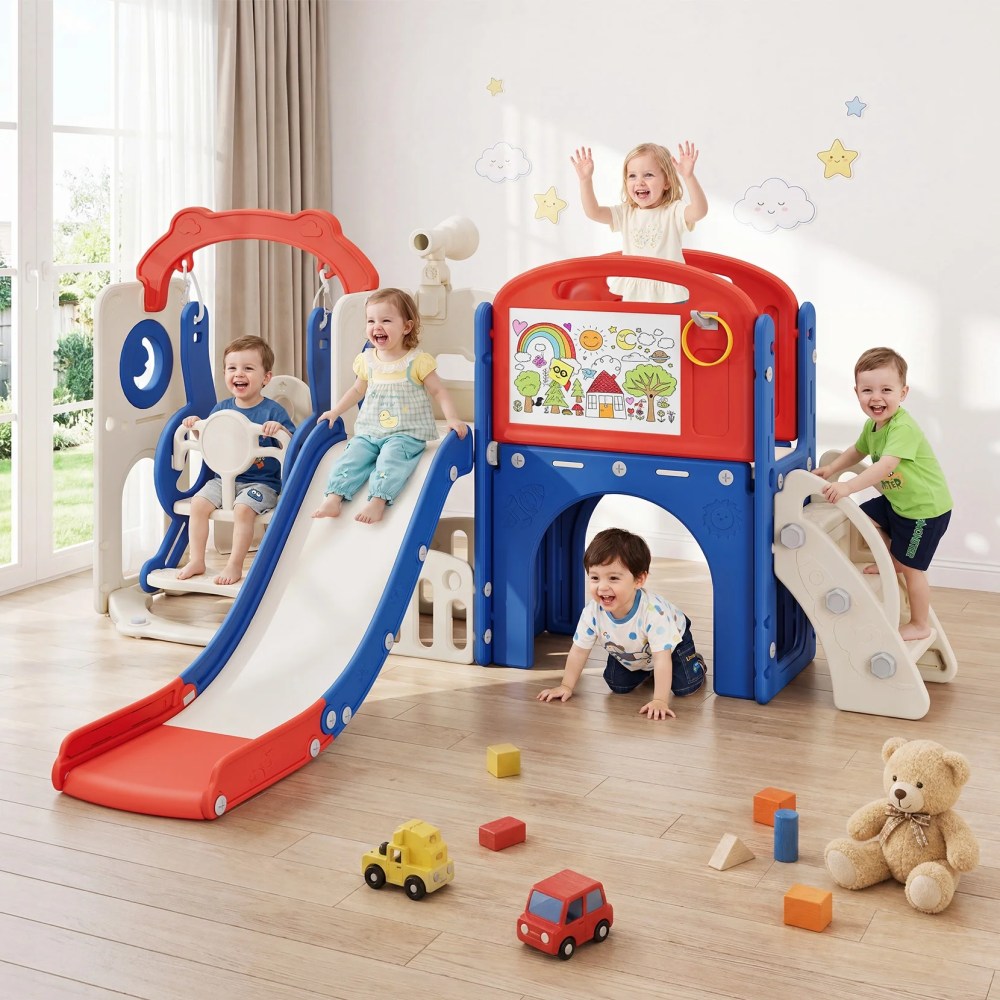 Bobiber XL 11 in 1 Toddler Slide PlaySet for kids indoor/outdoor for Toddlers Ages 1-4 (Blue/Red)