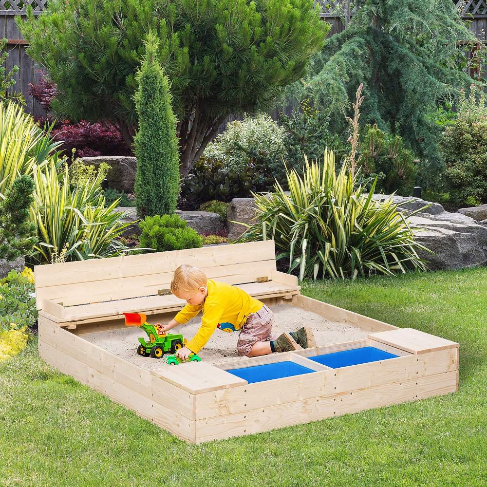 Outsunny Kids Wooden Sandbox w/ Two Plastic Boxes Foldable Bench Seat Waterproof Cover Bottom Liner Storage Space