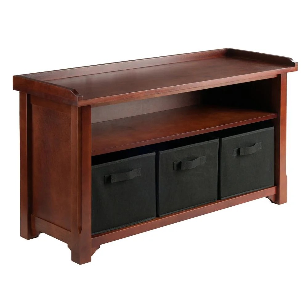 Winsome Wood Verona 4-Pc Storage Bench with 3 Foldable Fabric Baskets,Black & Walnut