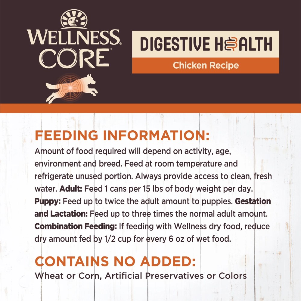 Wellness CORE Digestive Health Pate Adult Canned Wet Dog Food, Grain Free, Sensitive Stomach, Natural, Chicken Recipe, 13 oz, Pack of 12 Cans - Image 2