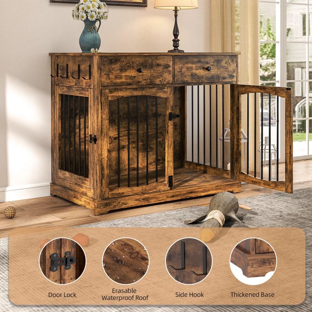 Flictozena 40 Inch Dog Crate Furniture - House Style Wooden Pet Kennel with 2 Doors for Indoor Large Dogs, Brown - Image 6
