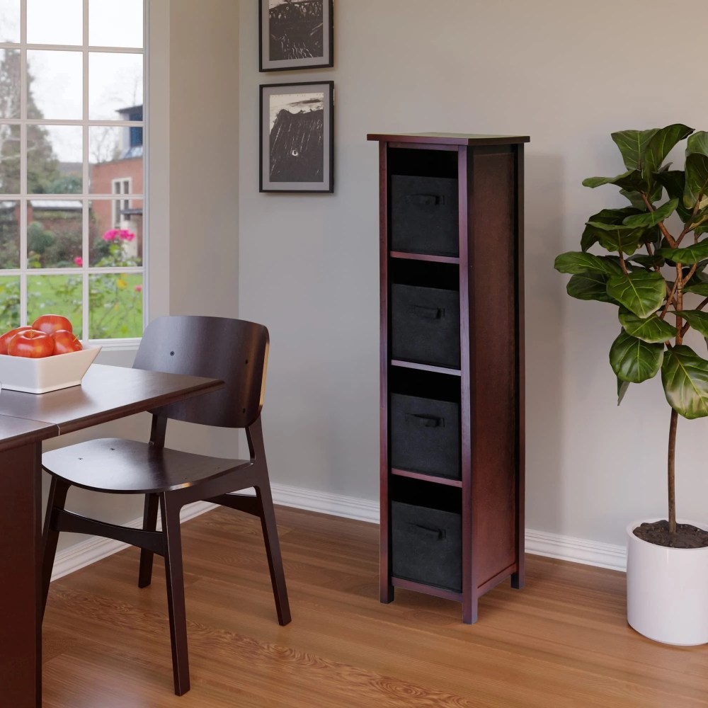 Winsome Verona 5 Tier Tall Storage Shelf Solid Wood Baskets Bookcase in Walnut - Image 5