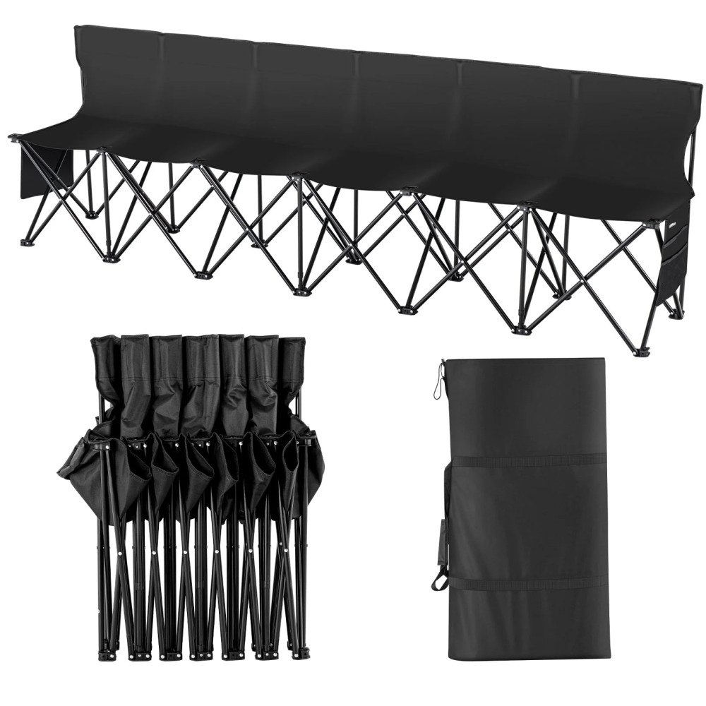 VEVOR Portable Folding Bench, 6 Seats Foldable Sideline Bench, Outdoor Camping Bench Chair with Carry Bag & Backrest, Team Sport Sideline Bench for Football Fishing, No Assembly Instant Seating, Blac