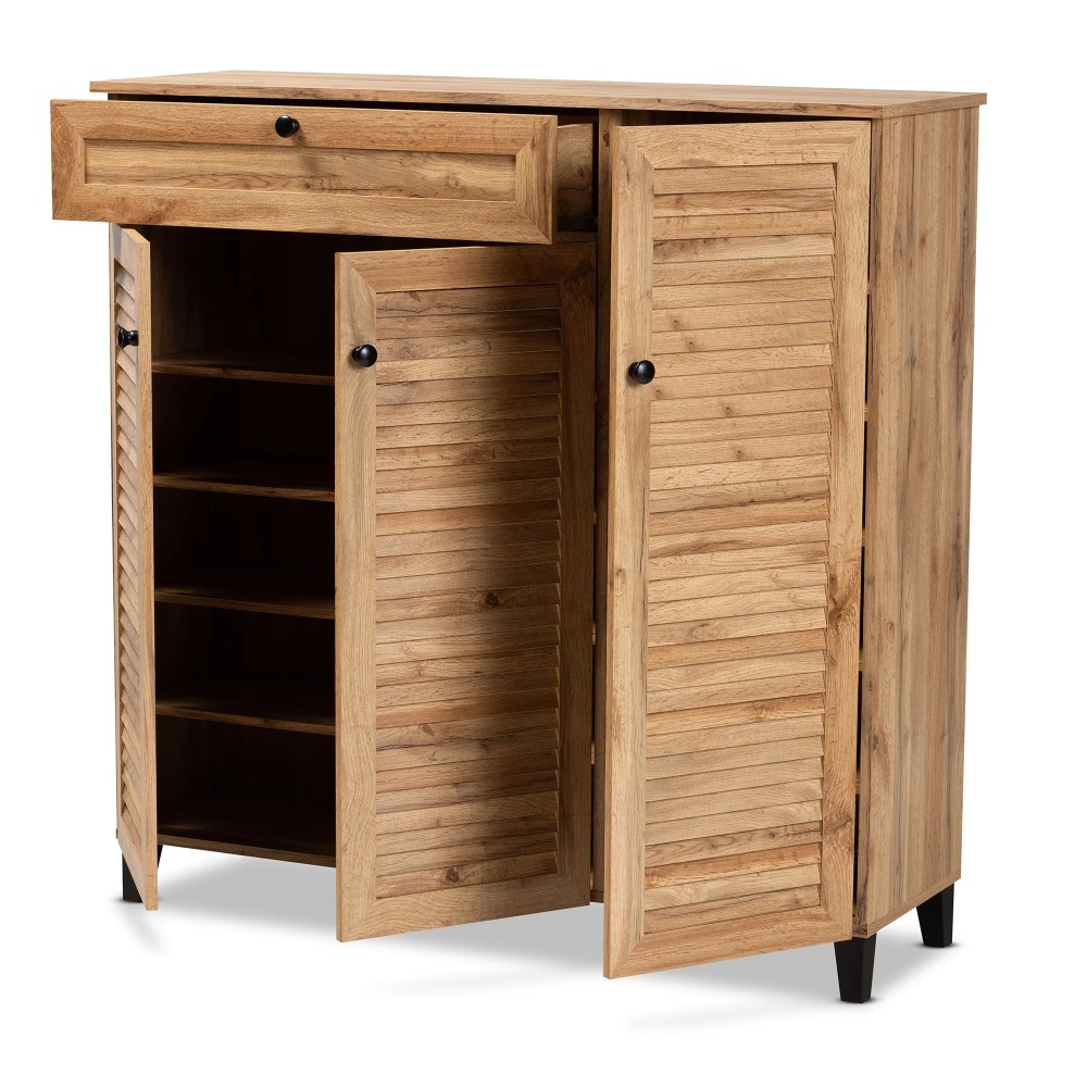 Baxton Studio Coolidge Modern and Contemporary Oak Brown Finished Wood 3-Door Shoe Storage Cabinet with Drawer - Image 13