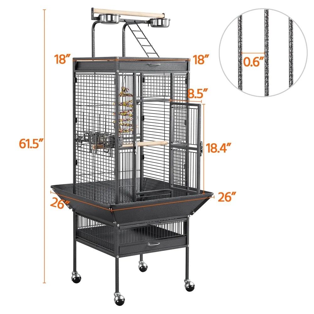 Renwick 61.5" Rolling Metal Bird Cage with Playtop, Black - Image 7