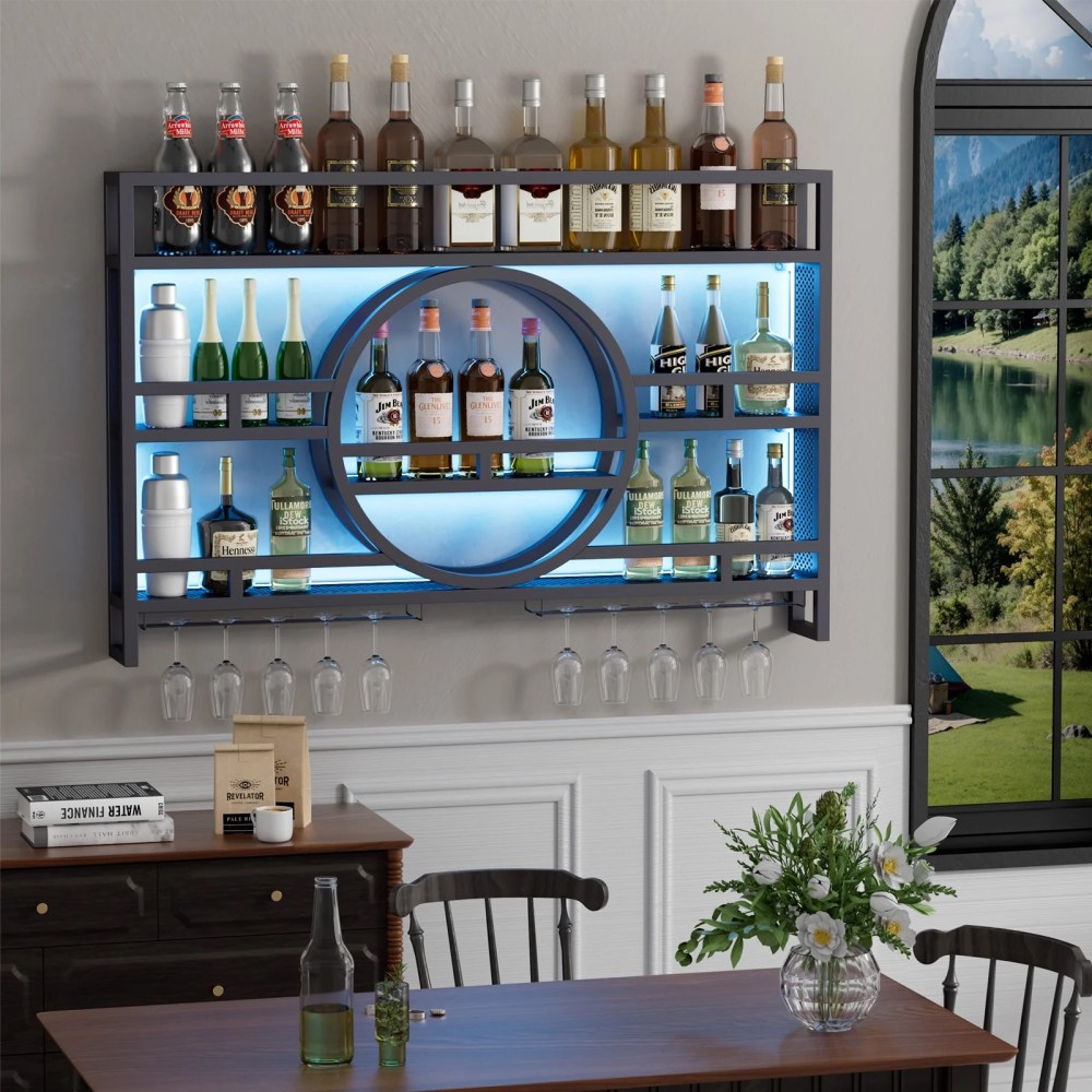 3-Tier Industrial Wine Rack Wall Mounted with LED Light,Floating Bar Shelves with Wine Glass Holder Hanging Liquor Shelf,Wall-Mounted Wine Racks Cabinets for Home Bar No Assembly Required 39 in - Image 3