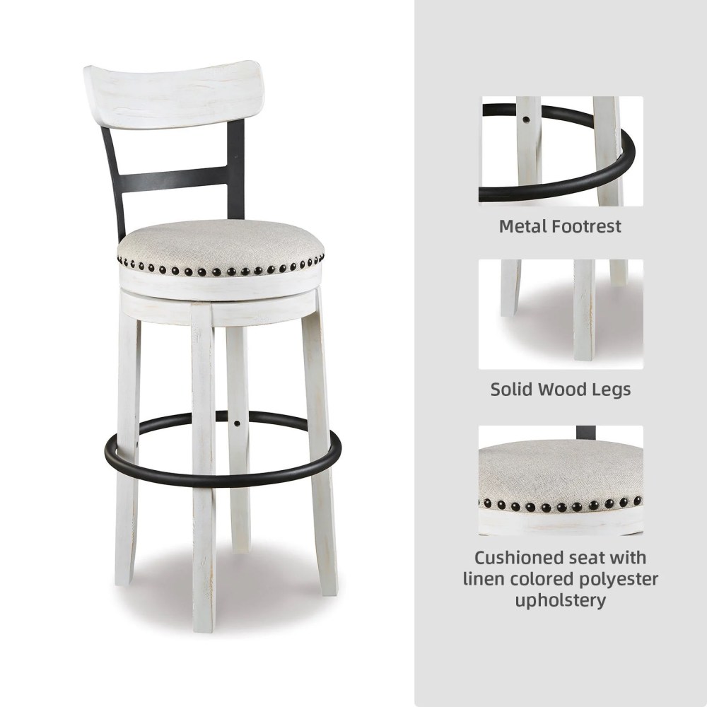 Signature Design by Ashley Valebeck Swivel Bar Stool, White, Upholstered Pub Height Chair with Linen Fabric Seat and 360-Degree Swivel - Image 5
