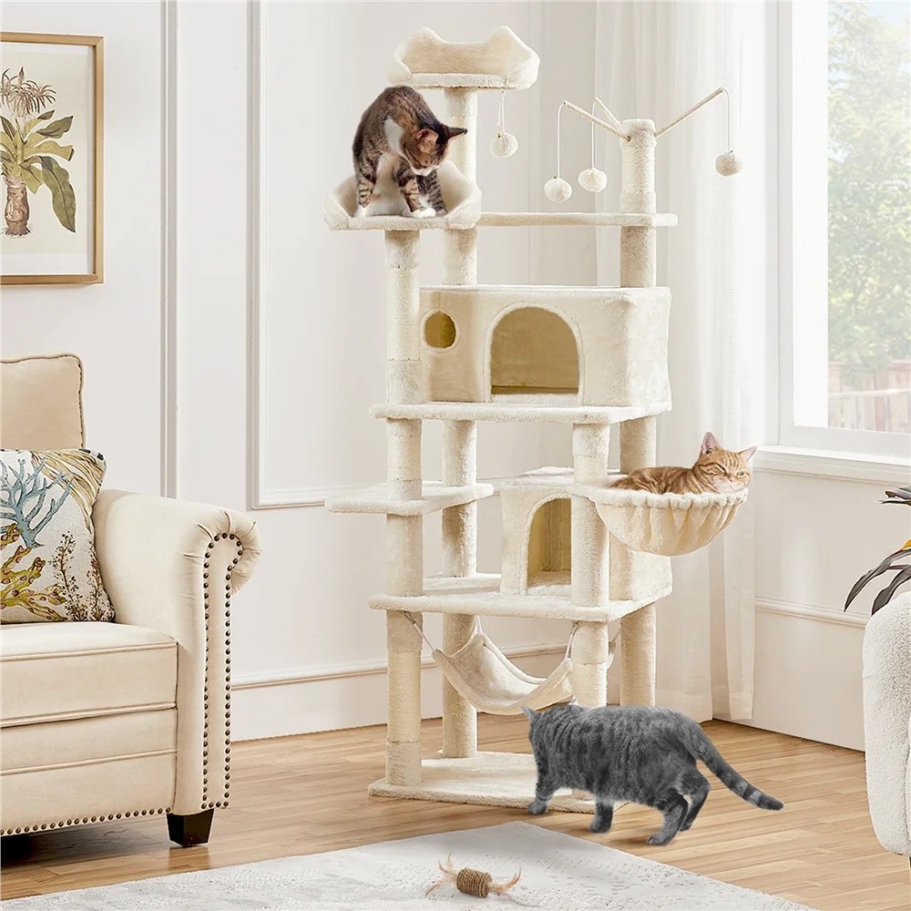 Alden Design 67" H Large Multi-Level Cat Tree with 2 Cat Condos for Indoor Cats, Beige - Image 2