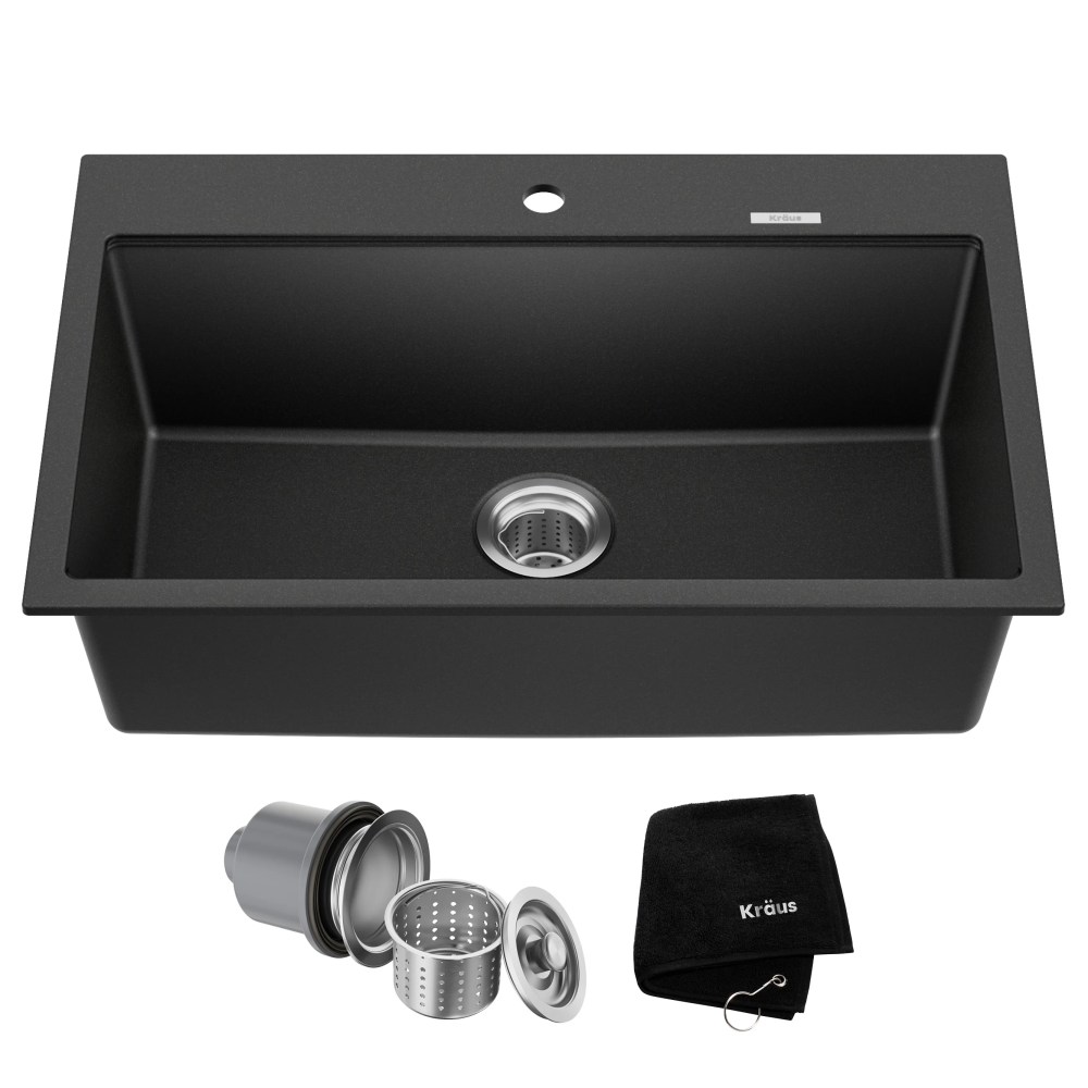 KRAUS Quarza 31" Drop-In / Undermount Single Bowl Granite Kitchen Sink in Black Onyx