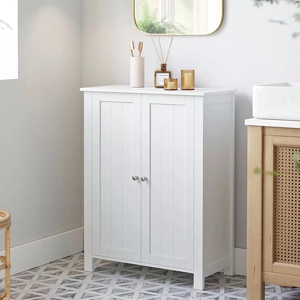 Zimtown Freestanding Bathroom Cabinet,Wooden Storage Cupboard with Double Doors,White Finish