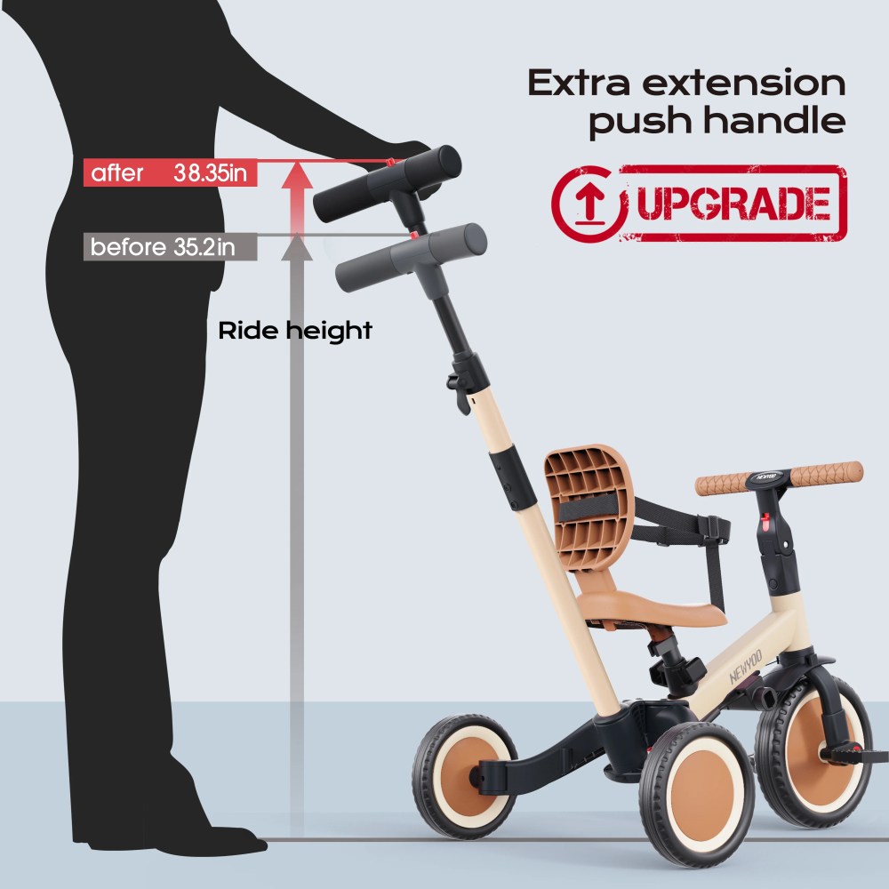 newyoo Toddler Tricycle with Push Handle for 1-3 Year Old, Toddler Bike, Birthday Gift and Toy for Boys and Girls, 5 in 1 Kids Trike, Balance Bike with Backrest and Safety Belt, Khaki, TR007 - Image 2