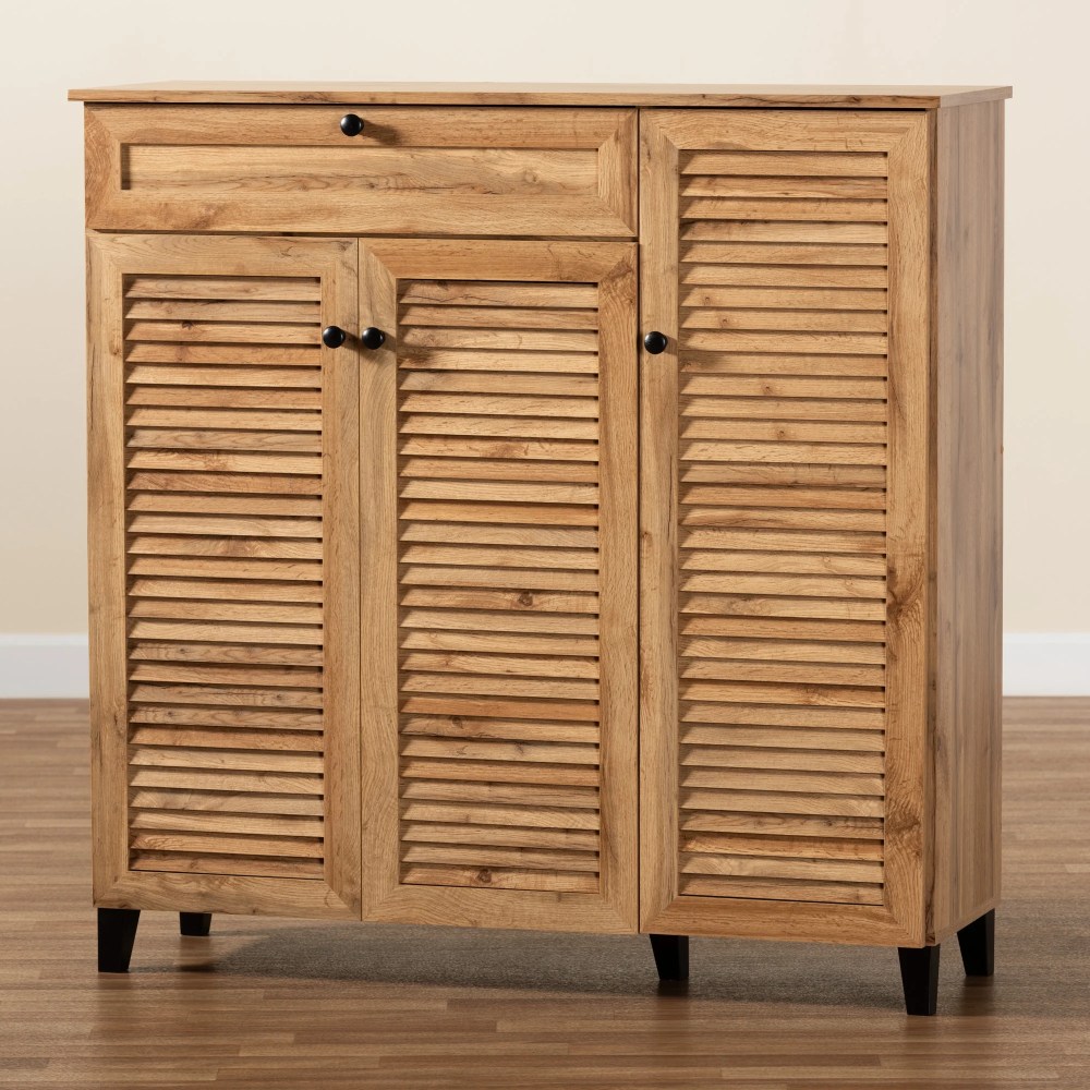 Baxton Studio Coolidge Modern and Contemporary Oak Brown Finished Wood 3-Door Shoe Storage Cabinet with Drawer - Image 6