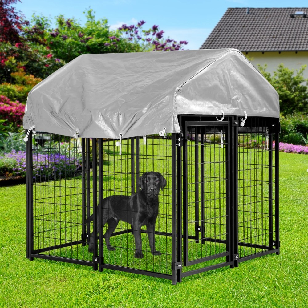 Dkelincs 4'x4'x4.4" Heavy Duty Large Dog Kennel Metal Dog Cage Crate Outdoor Pet Playpen with UV Cover, Black