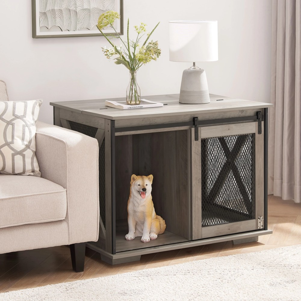 CKEASEAN Farmhouse Style Dog Cage Crate Furniture with Sliding Barn Door,  Wooden Dog Kennel End Table with Flip-top Plate and Detachable Divider for Small/Medium/Large Dogs