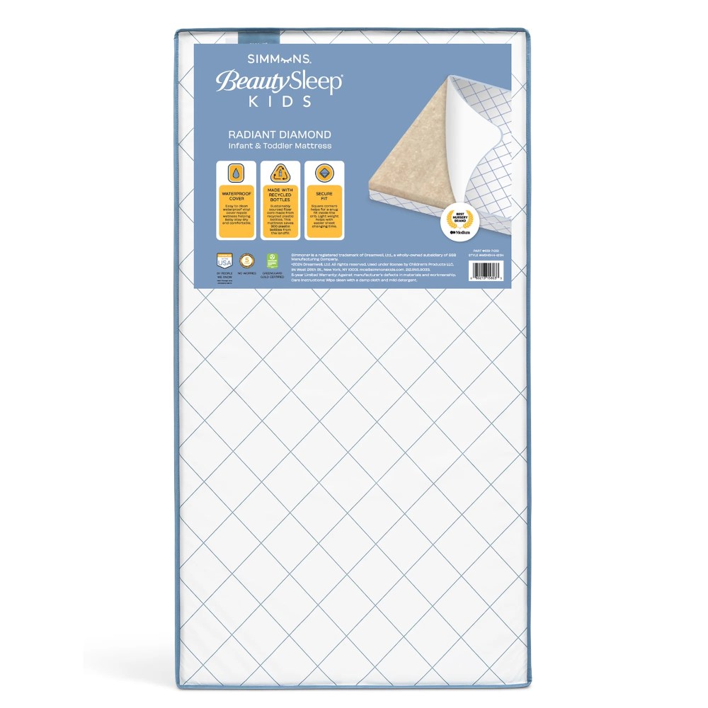 Simmons BeautySleep Kids Radiant Diamond Extra Firm Crib And Toddler Mattress, GREENGUARD Gold Certified, Sustainably Sourced Fiber Core, Waterproof, White/Blue