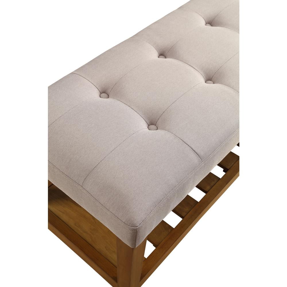 ACME Charla Fabric Upholstered Bench with Bottom Shelf in Light Gray and Oak - Image 2