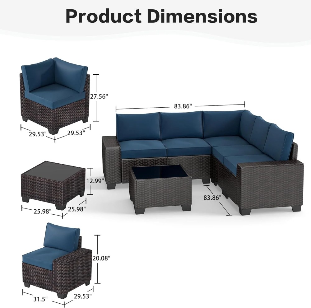 6 Pieces Patio Furniture Set,Outdoor Sectional Set of 6 w/Wide Armrest,Waterproof Wicker Conversation Set for Backyard,Deck,Lake Blue - Image 8