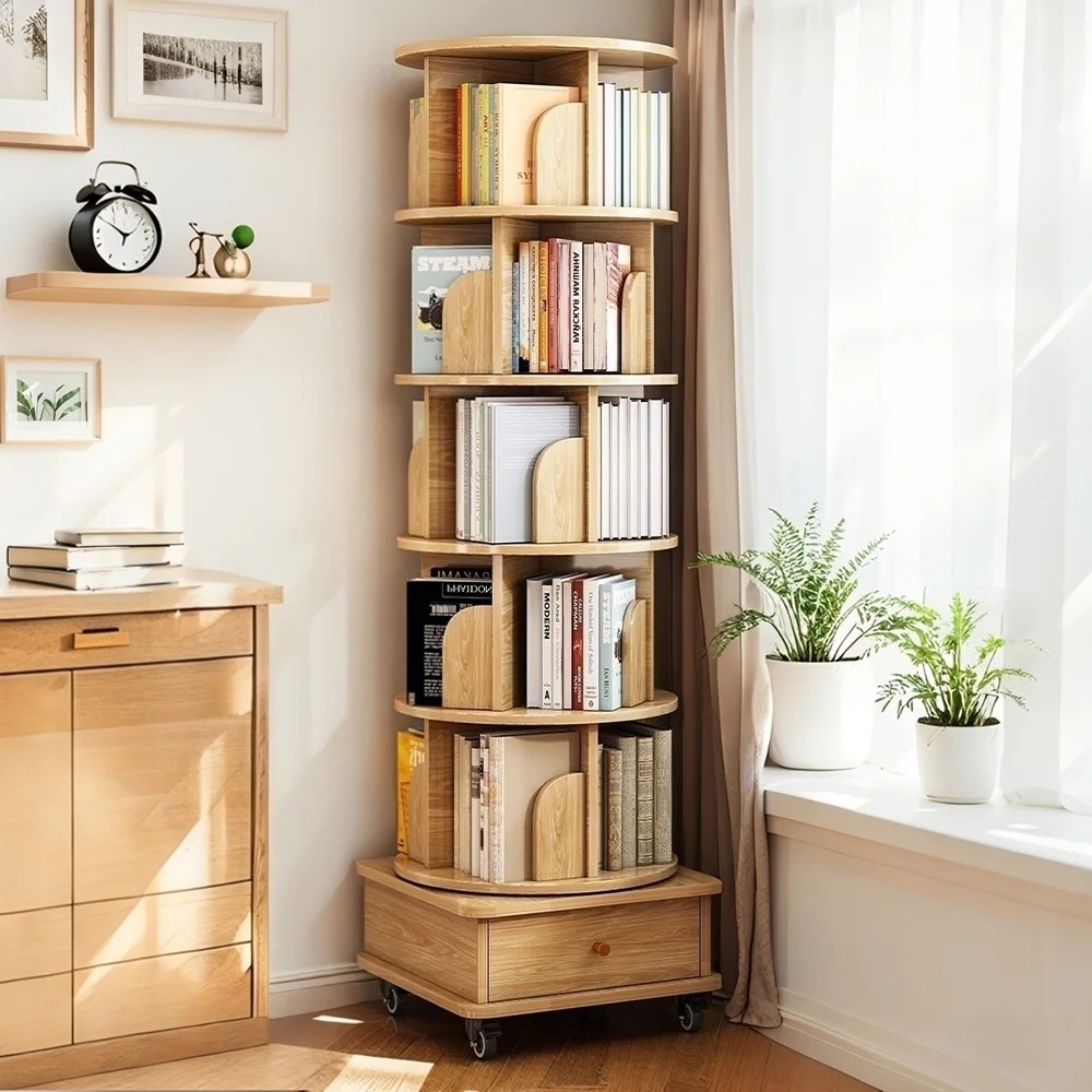 WARMMUSE 6 Tier Rotating Bookshelf,360 'Display Spinning Round Floor Standing Bookcase with Wheels and Drawer for Bedroom,Living Room,Natural