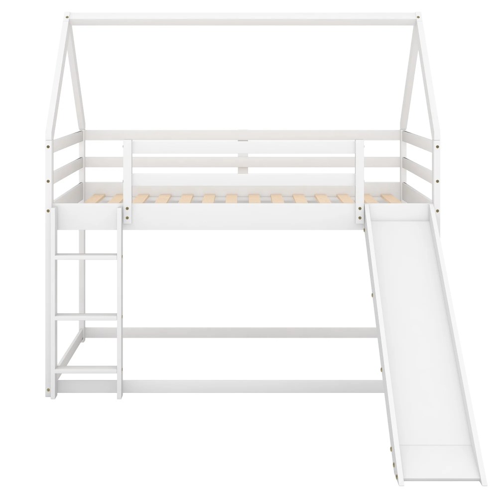 Aukfa Low Bunk Bed, Twin-Over-Twin House Bed Frame for Kids with Slide - White - Image 5